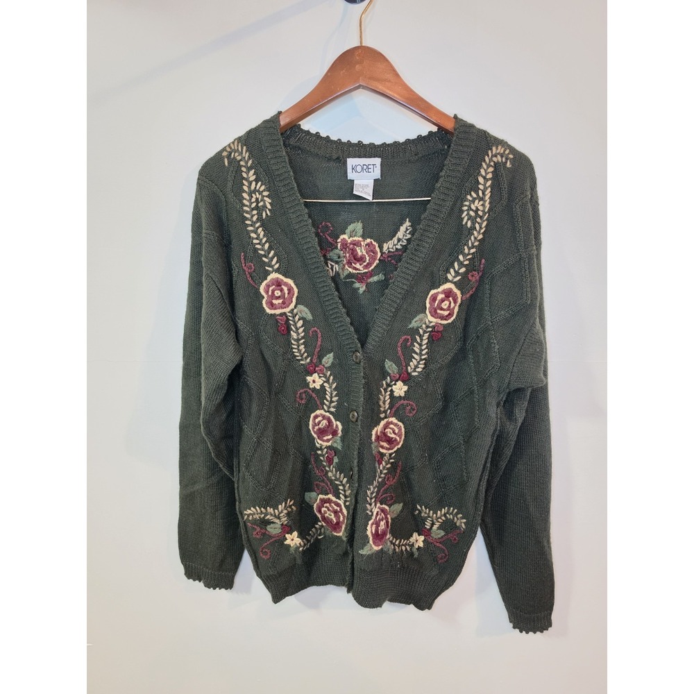 Koret Sweater Embroidered Grannycore Cardigan Wool Blend Green Sz S Fall Cozy